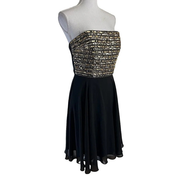 Aqua Strapless Beaded Sequins Dress Size 8 Short Lace Up Backside Black and Gold - Picture 2 of 12